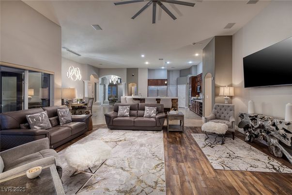 Dining room, Interior, Kitchen, Living room, Pendant Lights, Recessed Lighting, Stainless Steel Appliances, Wood Texture Flooring