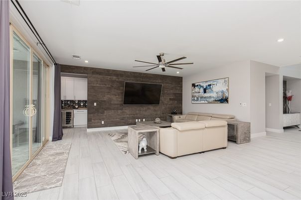 Interior, Living room, Recessed Lighting, Stone Walls, Wood Texture Flooring