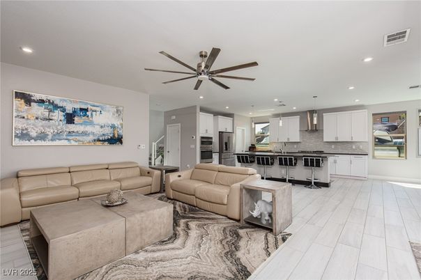 Interior, Kitchen, Living room, Pendant Lights, Recessed Lighting, Stainless Steel Appliances, Wood Texture Flooring