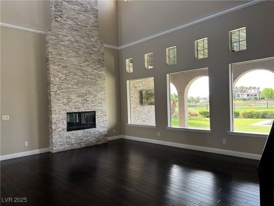 Empty room, Fireplace, Interior, Stone Walls, Wood Texture Flooring