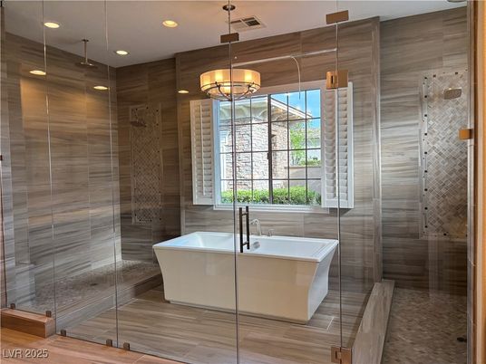Bathroom, Free Standing Baths, Glass Shower, Interior, Pendant Lights, Recessed Lighting