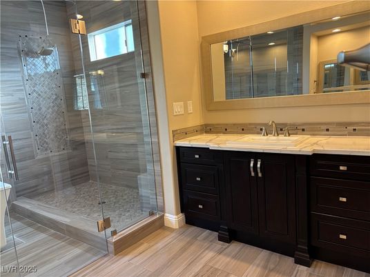 Bathroom, Glass Shower, Interior, Recessed Lighting, Wood Texture Flooring