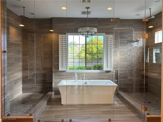 Bathroom, Free Standing Baths, Glass Shower, Interior, Pendant Lights, Recessed Lighting