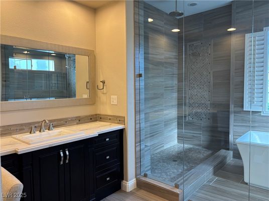 Bathroom, Free Standing Baths, Glass Shower, Interior, Recessed Lighting, Wood Texture Flooring