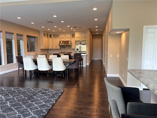 Dining room, Interior, Kitchen, Pendant Lights, Recessed Lighting, Stainless Steel Appliances, Wood Texture Flooring