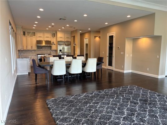 Dining room, Interior, Kitchen, Recessed Lighting, Stainless Steel Appliances, Wood Texture Flooring