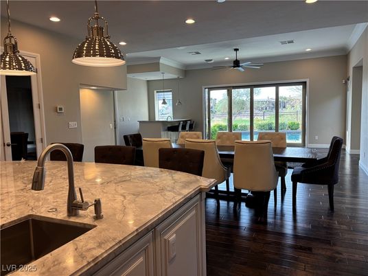 Dining room, Interior, Pendant Lights, Recessed Lighting, Wood Texture Flooring