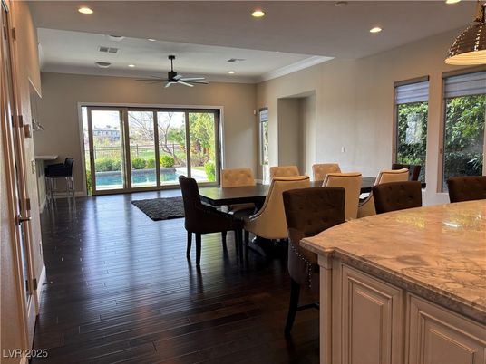 Dining room, Interior, Recessed Lighting, Wood Texture Flooring