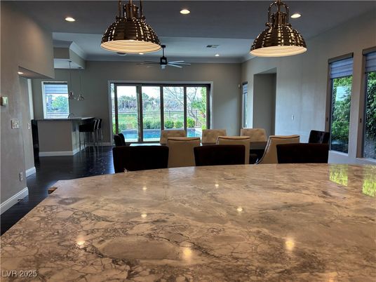 Dining room, Interior, Living room, Pendant Lights, Recessed Lighting, Wood Texture Flooring