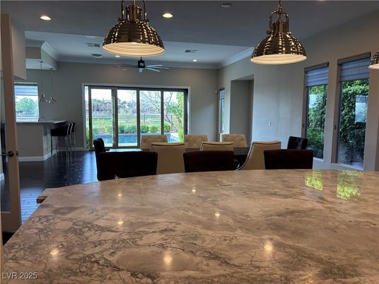 Dining room, Interior, Pendant Lights, Recessed Lighting, Wood Texture Flooring
