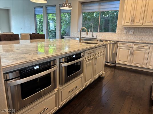Interior, Kitchen, Pendant Lights, Stainless Steel Appliances, Wood Texture Flooring