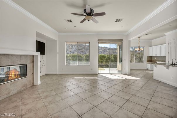 Chandelier, Empty room, Fireplace, Interior, Kitchen, Recessed Lighting