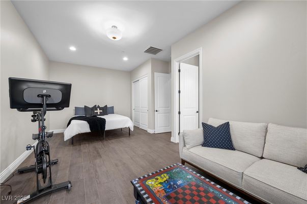 Bedroom, Fitness Equipment, Interior, Recessed Lighting, Wood Texture Flooring