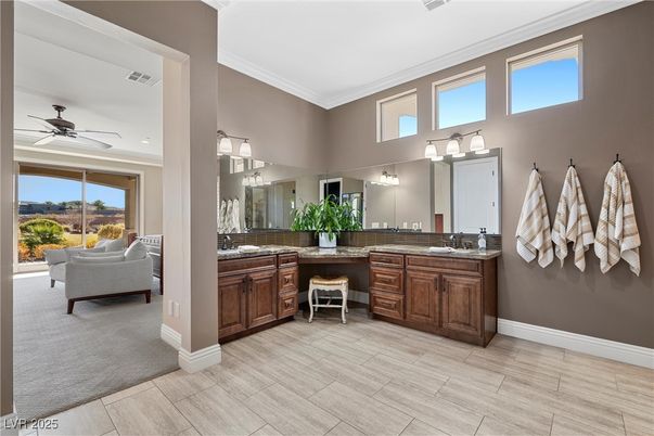 Bathroom, Dual Sink Vanities, Interior, Recessed Lighting, Wood Texture Flooring