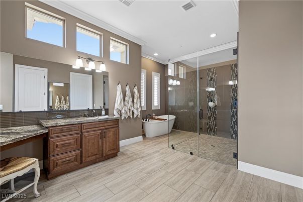 Bathroom, Dual Sink Vanities, Free Standing Baths, Glass Shower, Interior, Recessed Lighting