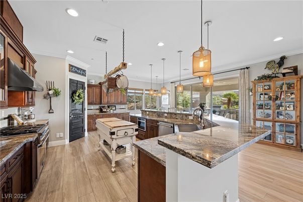 Interior, Kitchen, Pendant Lights, Recessed Lighting, Stainless Steel Appliances, Wood Texture Flooring