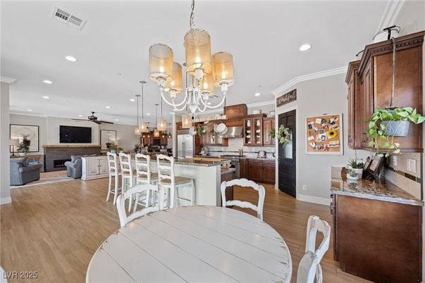 Chandelier, Dining room, Interior, Kitchen, Living room, Pendant Lights, Recessed Lighting, Wood Texture Flooring