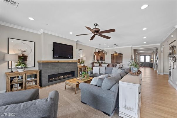 Fireplace, Interior, Kitchen, Living room, Pendant Lights, Recessed Lighting, Wood Texture Flooring