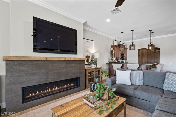 Fireplace, Interior, Kitchen, Living room, Pendant Lights, Recessed Lighting, Wood Texture Flooring