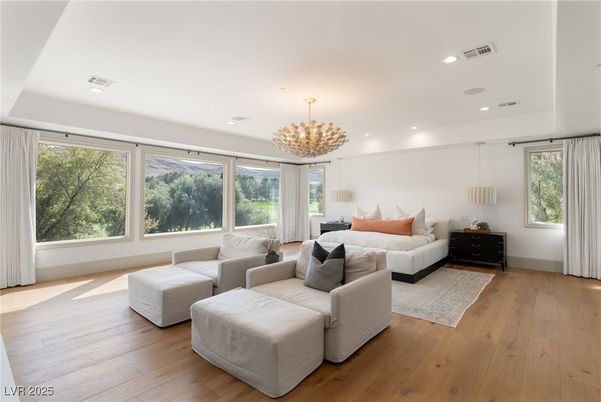 Bedroom, Chandelier, Interior, Living room, Recessed Lighting, Wood Texture Flooring