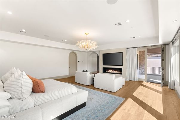 Chandelier, Fireplace, Interior, Living room, Recessed Lighting, Wood Texture Flooring