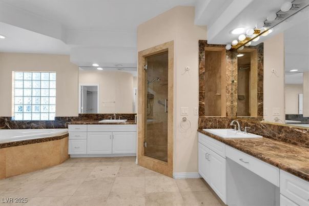 Bathroom, Dual Sink Vanities, Glass Shower, Interior, Recessed Lighting