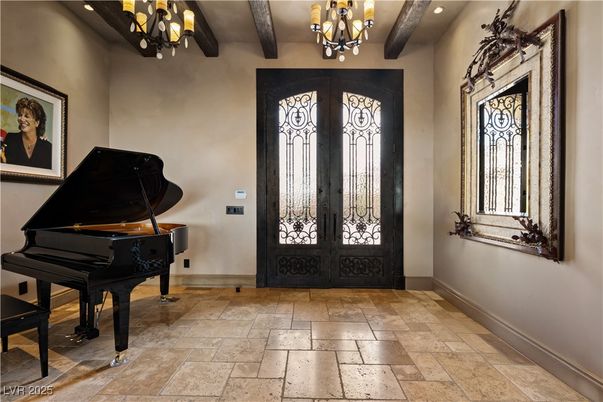 Chandelier, Interior, Piano, Recessed Lighting, Wooden Beams
