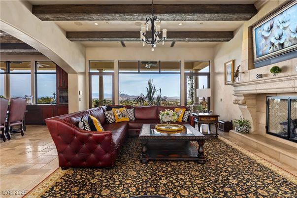 Chandelier, Fireplace, Interior, Living room, Recessed Lighting, Wooden Beams