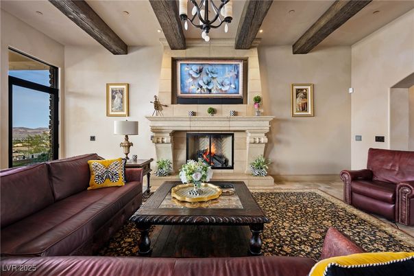 Fireplace, Interior, Living room, Recessed Lighting, Wooden Beams, Wood Texture Flooring