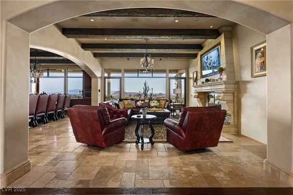 Dining room, Fireplace, Interior, Living room, Recessed Lighting, Water, Wooden Beams