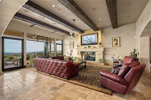 Chandelier, Fireplace, Interior, Living room, Recessed Lighting, Water, Wooden Beams
