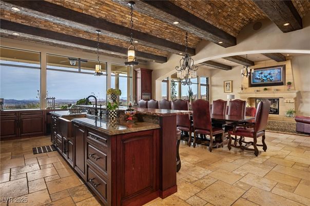 Chandelier, Dining room, Fireplace, Interior, Kitchen, Pendant Lights, Recessed Lighting, Water, Wooden Beams, Wooden Ceilings