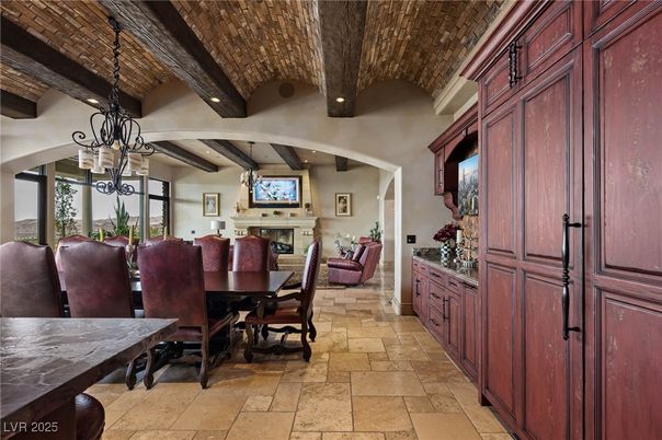Chandelier, Dining room, Fireplace, Interior, Living room, Pendant Lights, Recessed Lighting, Wooden Beams, Wooden Ceilings