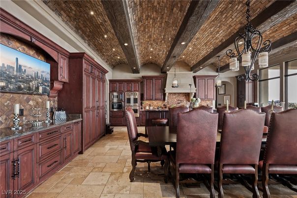 Dining room, Interior, Kitchen, Pendant Lights, Recessed Lighting, Stainless Steel Appliances, Wooden Beams, Wooden Ceilings
