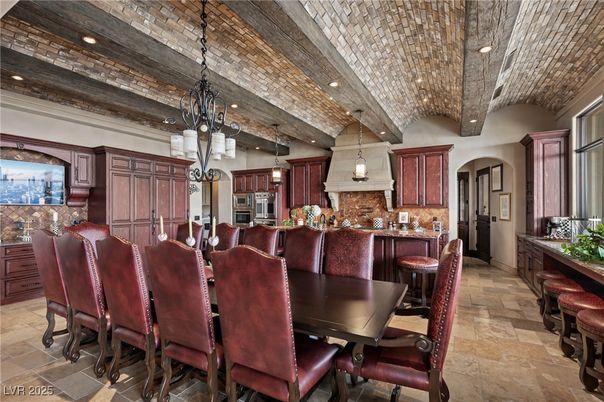 Dining room, Interior, Kitchen, Pendant Lights, Recessed Lighting, Stainless Steel Appliances, Wooden Beams, Wooden Ceilings