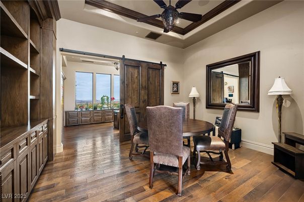 Dining room, Interior, Recessed Lighting, Wood Texture Flooring