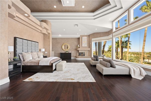 Bedroom, Fireplace, Interior, Recessed Lighting, Wood Texture Flooring
