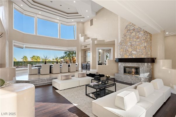 Fireplace, Interior, Living room, Recessed Lighting, Stone Walls, Wood Texture Flooring