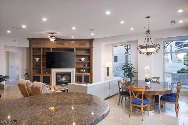 Dining room, Fireplace, Interior, Living room, Pendant Lights, Recessed Lighting