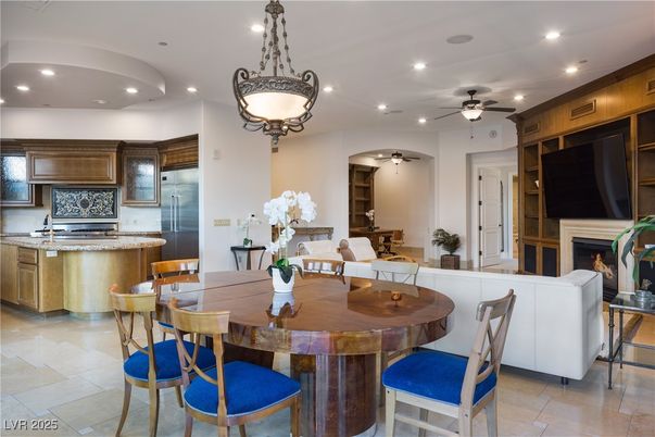 Dining room, Fireplace, Interior, Living room, Pendant Lights, Recessed Lighting