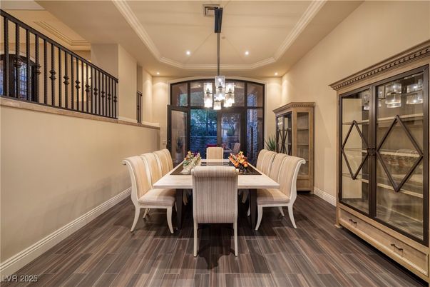 Dining room, Interior, Pendant Lights, Recessed Lighting, Wood Texture Flooring