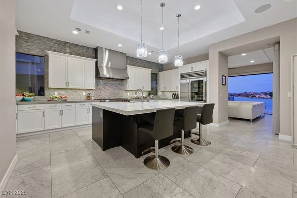 Interior, Kitchen, Marble, Pendant Lights, Recessed Lighting, Stainless Steel Appliances