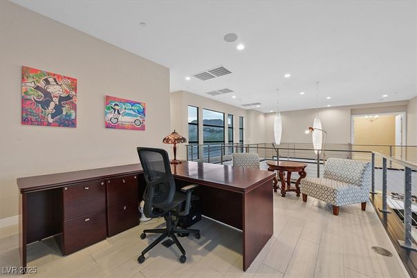 Home Office, Interior, Pendant Lights, Recessed Lighting, Wood Texture Flooring