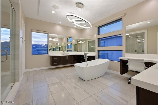 Bathroom, Dual Sink Vanities, Free Standing Baths, Glass Shower, Interior, Pendant Lights, Recessed Lighting