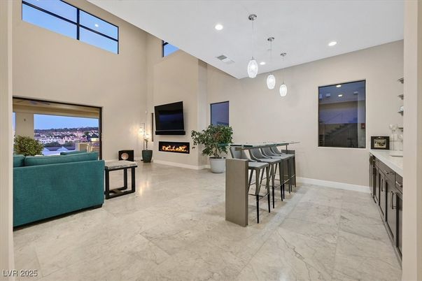 Fireplace, Interior, Living room, Marble, Pendant Lights, Recessed Lighting