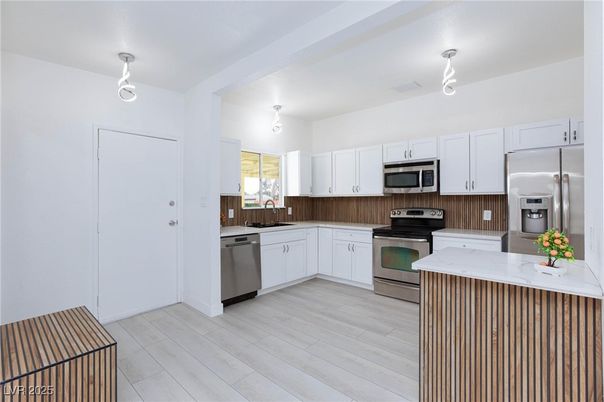 Interior, Kitchen, Stainless Steel Appliances, Wood Texture Flooring