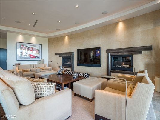Fireplace, Interior, Living room, Recessed Lighting, Stone Walls