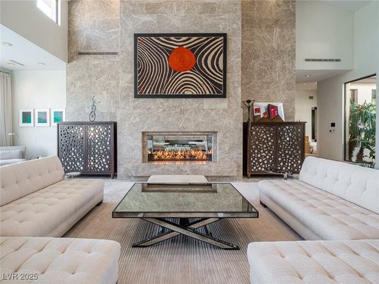 Fireplace, Interior, Living room, Recessed Lighting, Stone Walls