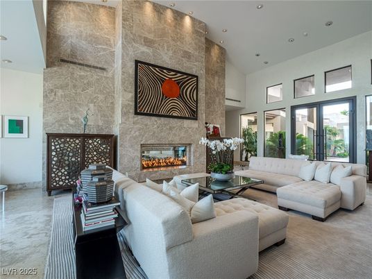 Fireplace, Interior, Living room, Recessed Lighting, Stone Walls