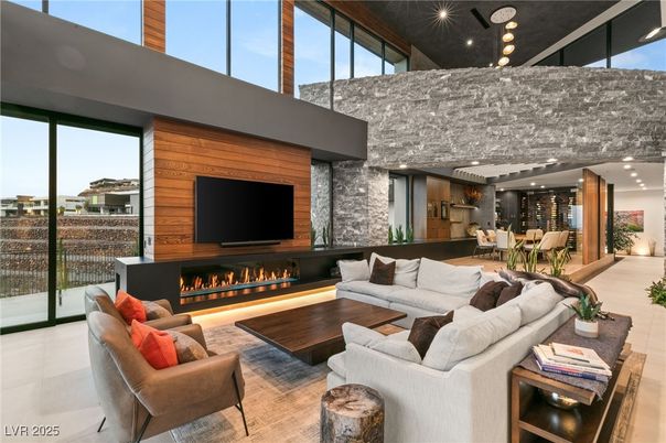 Dining room, Fireplace, Interior, Living room, Recessed Lighting, Wooden Walls